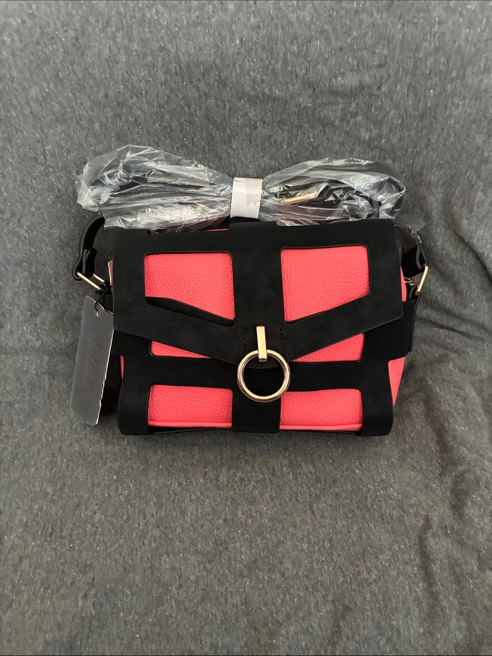 Black and Coral Crossbody Bag with Gold Ring Accent